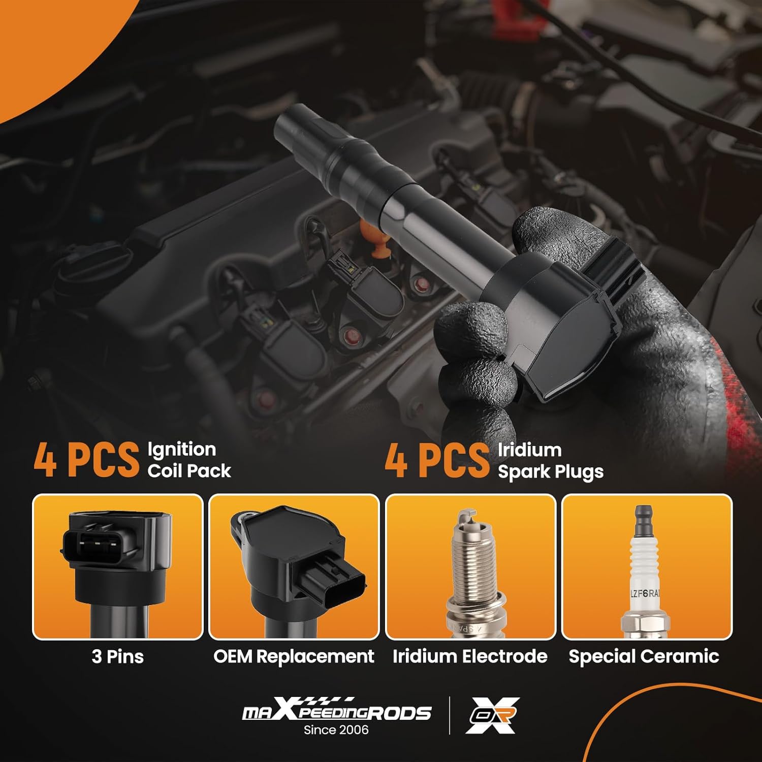 maXpeedingrods UF532 Set of 4 Ignition Coil Pack and Iridium Spark Plugs Fit for Mitsubishi Eclipse 2006-2012 Galant 2004-2012 Lancer Outlander 2004-2006 L4 2.4L Ignition Coil Kit C1504, 5C1504, E1032