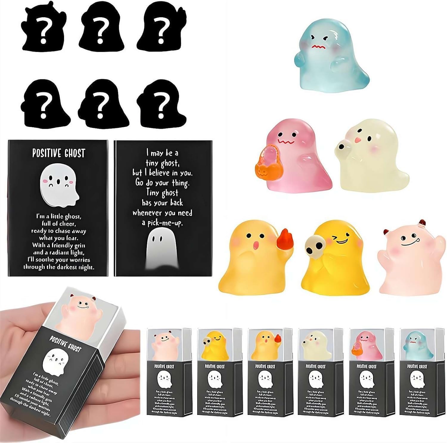 Mystery Glow-in-The-Dark Ghost Blind Box,Mini Luminous Ghost Figures Collectible, Random Resin Halloween Ghosts Figurines, Cute Blind Bag Collectible Toys for Desk, Shelf and Party Decor (6pcs)