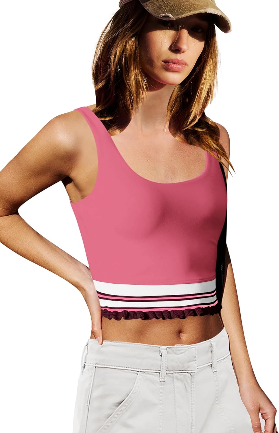 LAMISSCHE Womens Cropped Tank Tops Workout Padded Sports Bra Athletic Yoga Gym Tops Striped Ruffle Camisoles