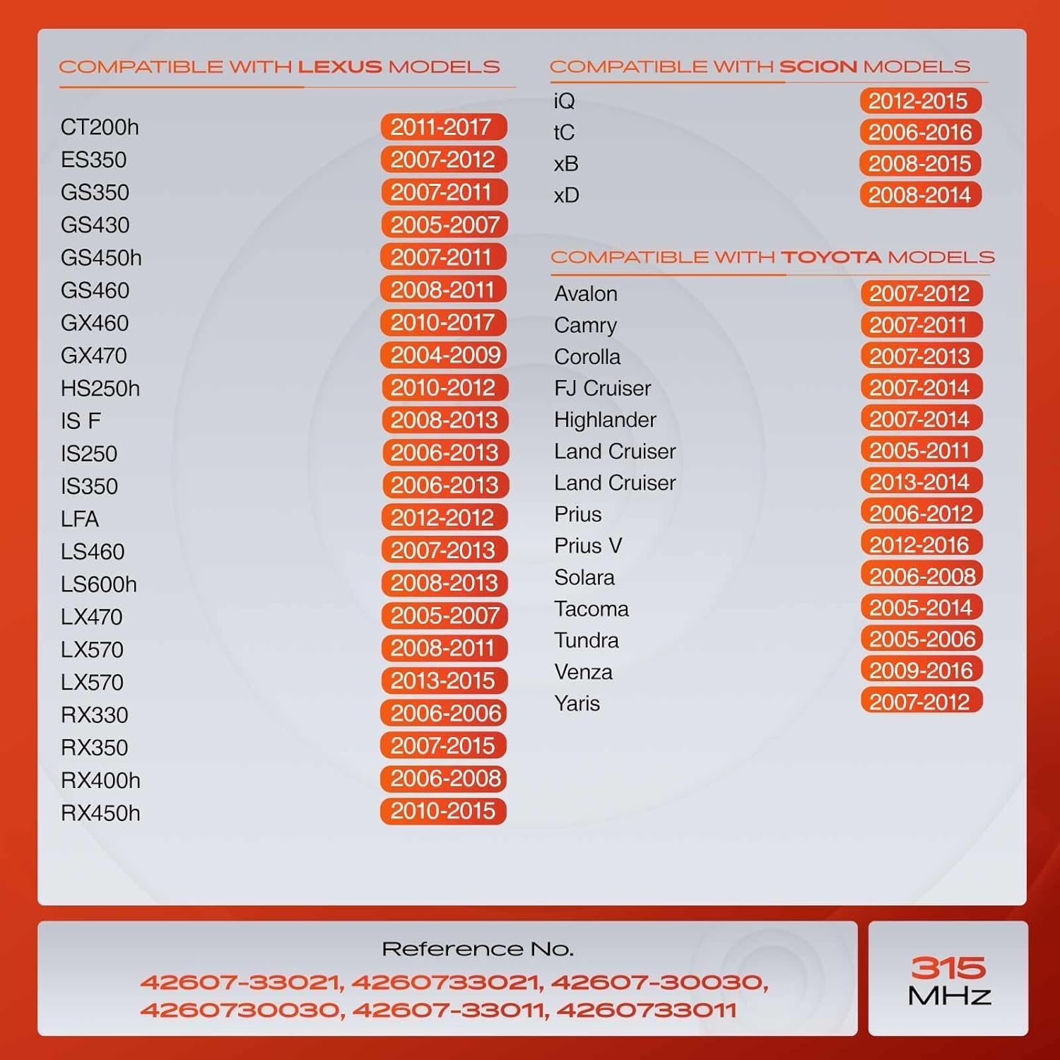 A-Premium 4PCS Pre-Programmed TPMS Sensor Tire Pressure Monitoring Sensor - Compatible with Toyota, Lexus & Scion - Avalon, Camry, Corolla, Highlander, Tacoma, Prius, ES350, GS430, GX470, xB - 315MHz