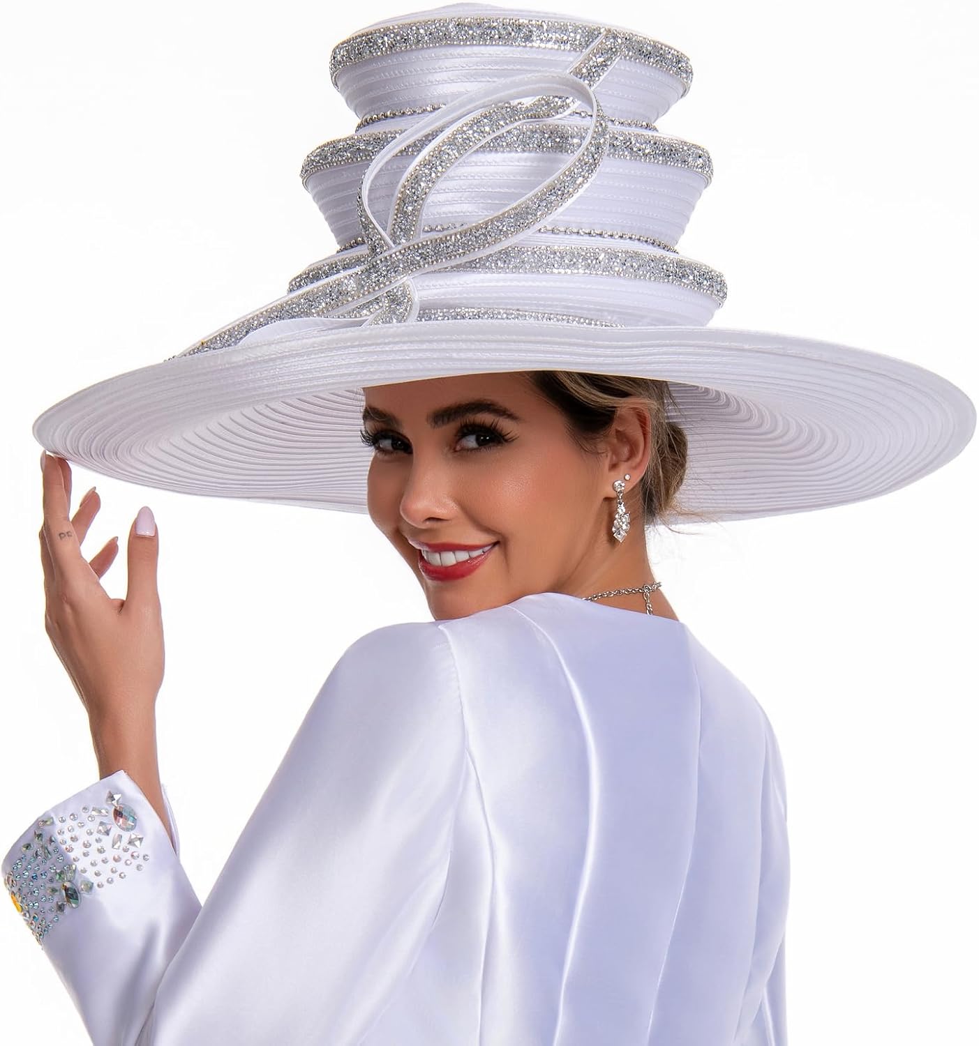 Women's Dramatic Giant Wide Brim Rhinestone Church Hat Statement Turban Fascinator for Wedding Chapel Baptist Sunday