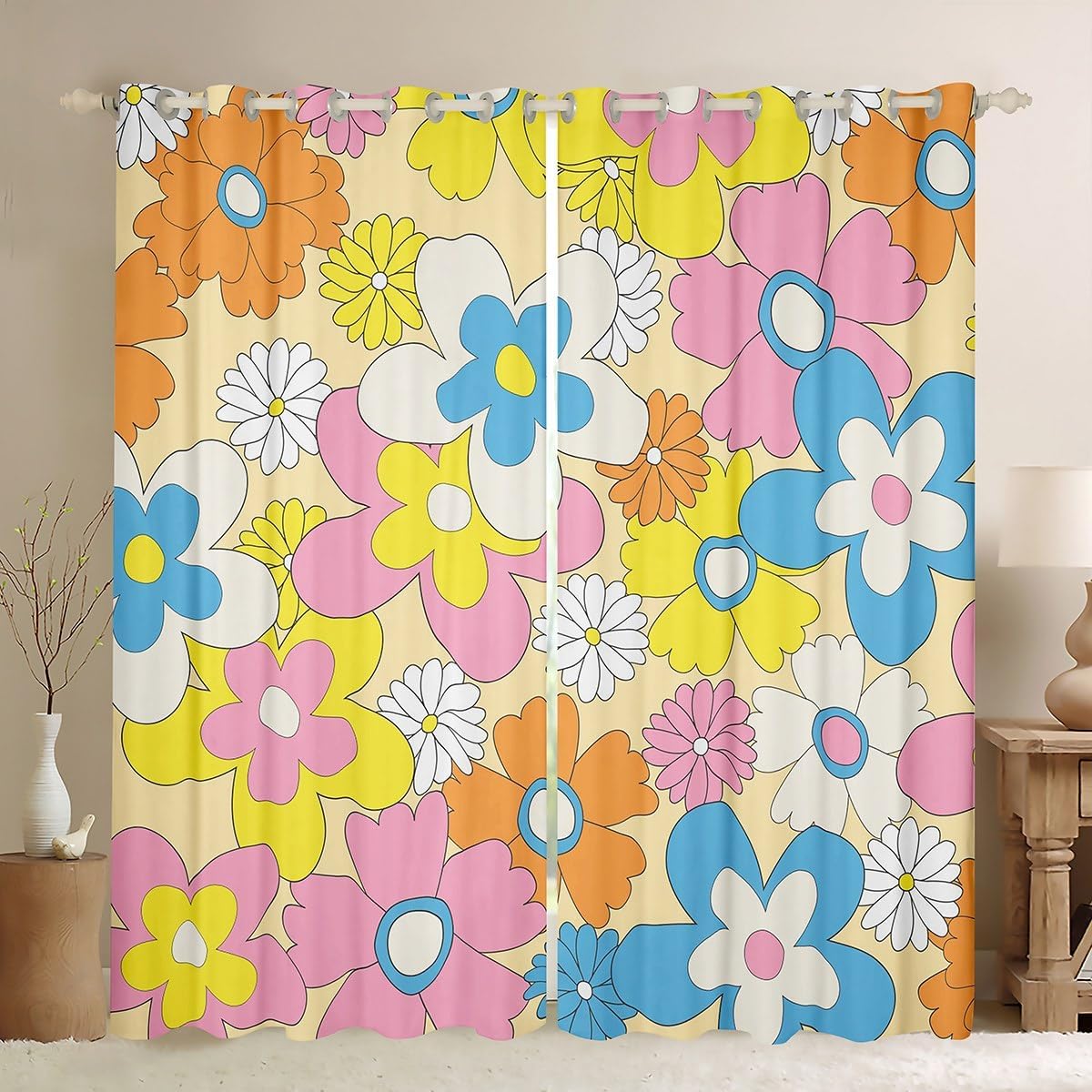 Colorful Vintage Floral Curtains Drapes 38"Wx45"L,Girls Groovy Flowers Window Curtains Women Hippie 60S 70S Flowers Curtains Psychedelic Botanical Window Treatments 2 Panels Aesthetic Room Decor