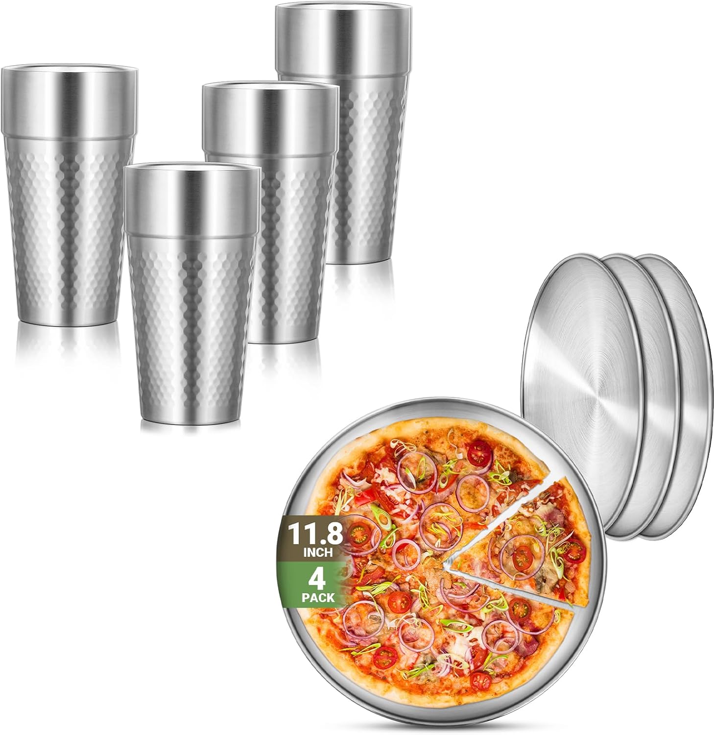 19oz 4 Cups and 11.8" 4 Plates 304(18/8), Round Shatterproof Stainless Steel Plates, Double Wall Stackable Unbreakable Stainless Steel Cups for Outdoor Travel Camping BBQ Home Dinner