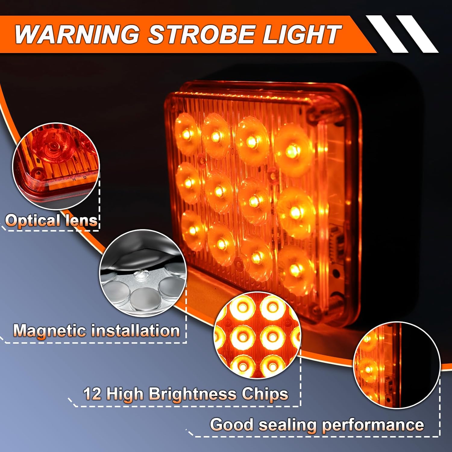 Amber Emergency Strobe Lights 2PCS, 12 Led Magnetic Flashing Safety Beacon Lamps for Trucks Vans Trailers Cars, Wireless Rechargeable Battery Powered Caution Light