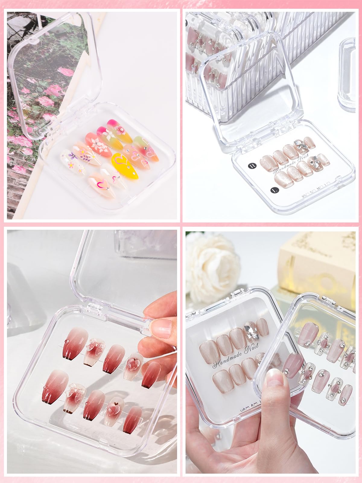 24 pièces Ensemble Boîtes Rangement pour Ongles, Kalolary Boîte Rangement Transparente Faux Ongles avec 4 feuilles Ruban Adhésif Double Face Amélioré Présentoir Transparent Faux Ongles Presser Salon