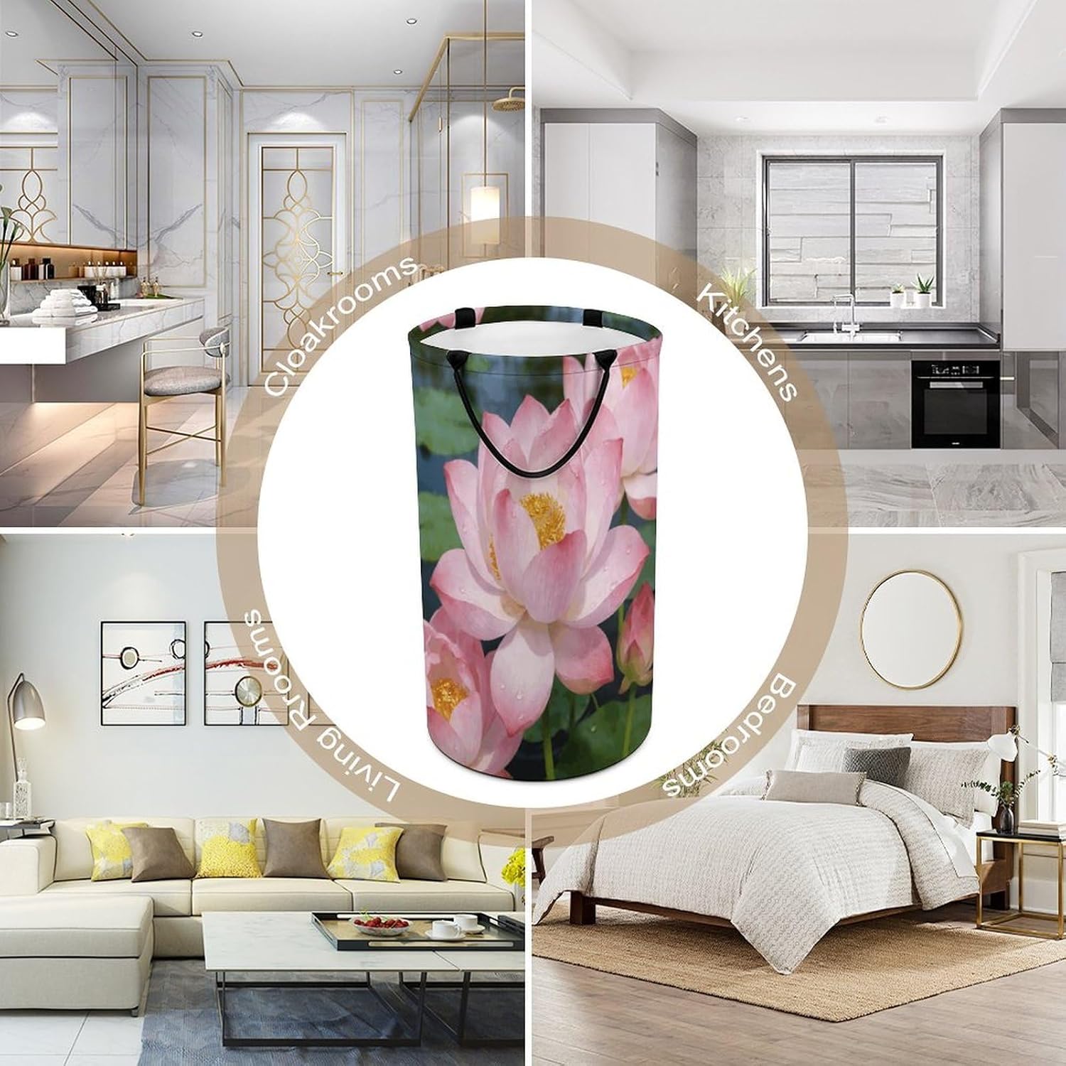 Clear Lotus with Dew Laundry Hamper 86L Waterproof Collapsible Clothes Basket with Double Handles Freestanding Foldable Laundry Basket Large Clothes Hamper for Bathroom