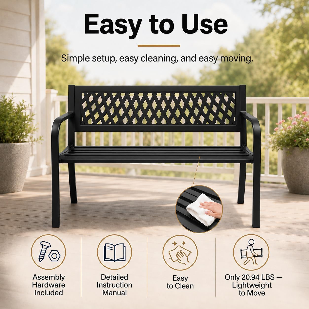 47" Outdoor Bench,Metal Outside Benches for Garden,Patio,Front Porch, Park, Yard, with Armrest and PVC Backrest,Weather Resistant,Iron,Support up to 550lbs,Black