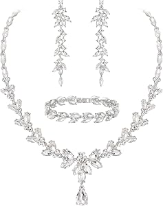 EVER FAITH Marquise Crystal Wedding Jewelry Set for Bride, Gorgeous Flower Leaf Rhinestone Cluster Necklace Dangle Earrings Bracelet