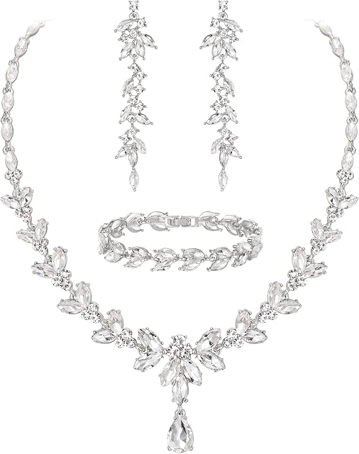 EVER FAITH Marquise Ensemble de bijoux de mariage en cristal pour mariée, magnifique feuille de fleur Strass Cluster Collier Dangle Boucles d'oreilles Bracelet