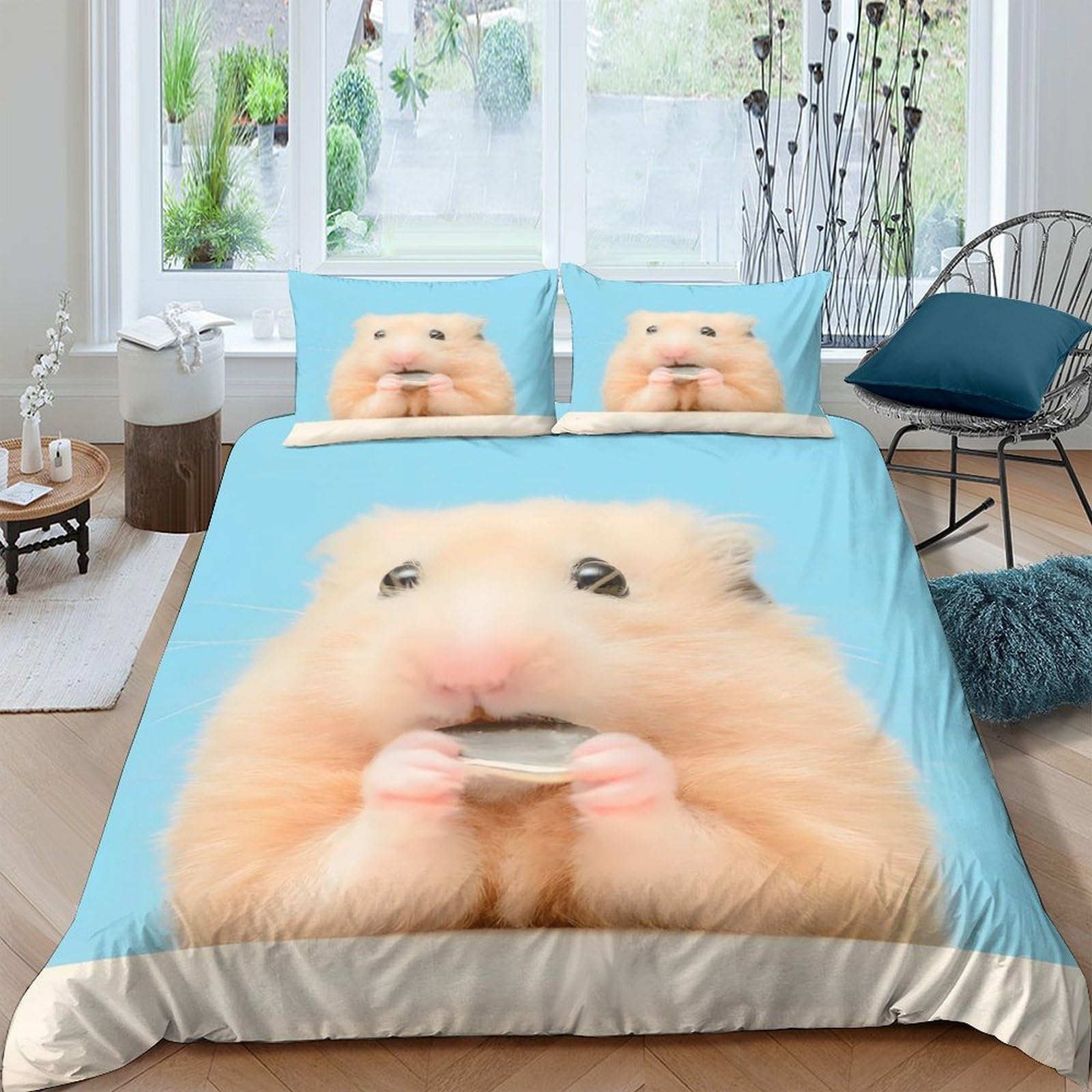 GPLZQXKJNH 3D Printed Hamster Duvet Cover Microfiber Soft Blue Bedding Set with 2 Pillowcases for Bedroom Home Decor Single（135x200cm）