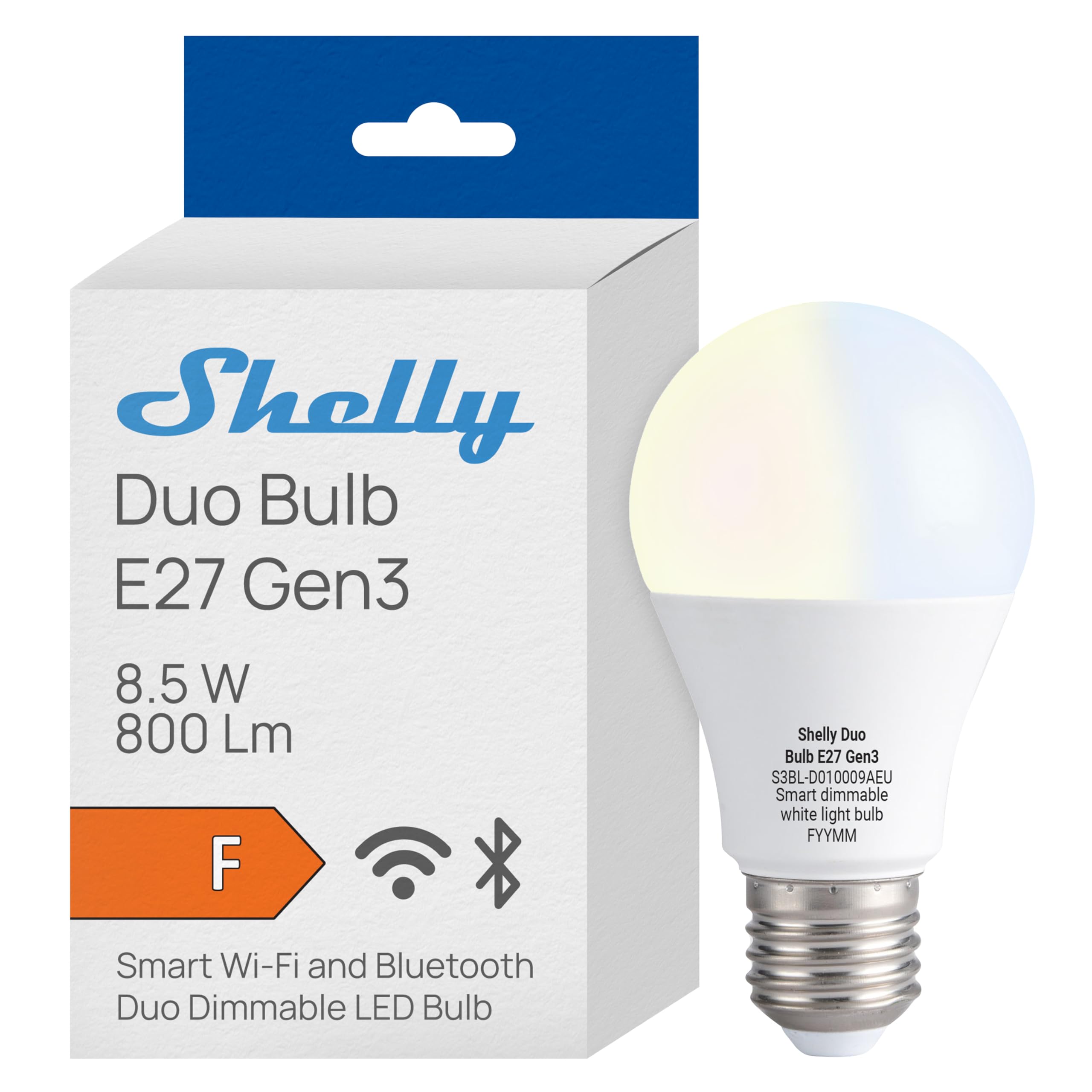 Shelly Duo Bulb E27 Gen3 - Wi-Fi Smart Bulb, 9W, 800lm, Tunable White 2700K-6500K, Dimmable, Night Mode, Consumption Monitoring, Lights Remote Control, Home Automation, No Hub Required