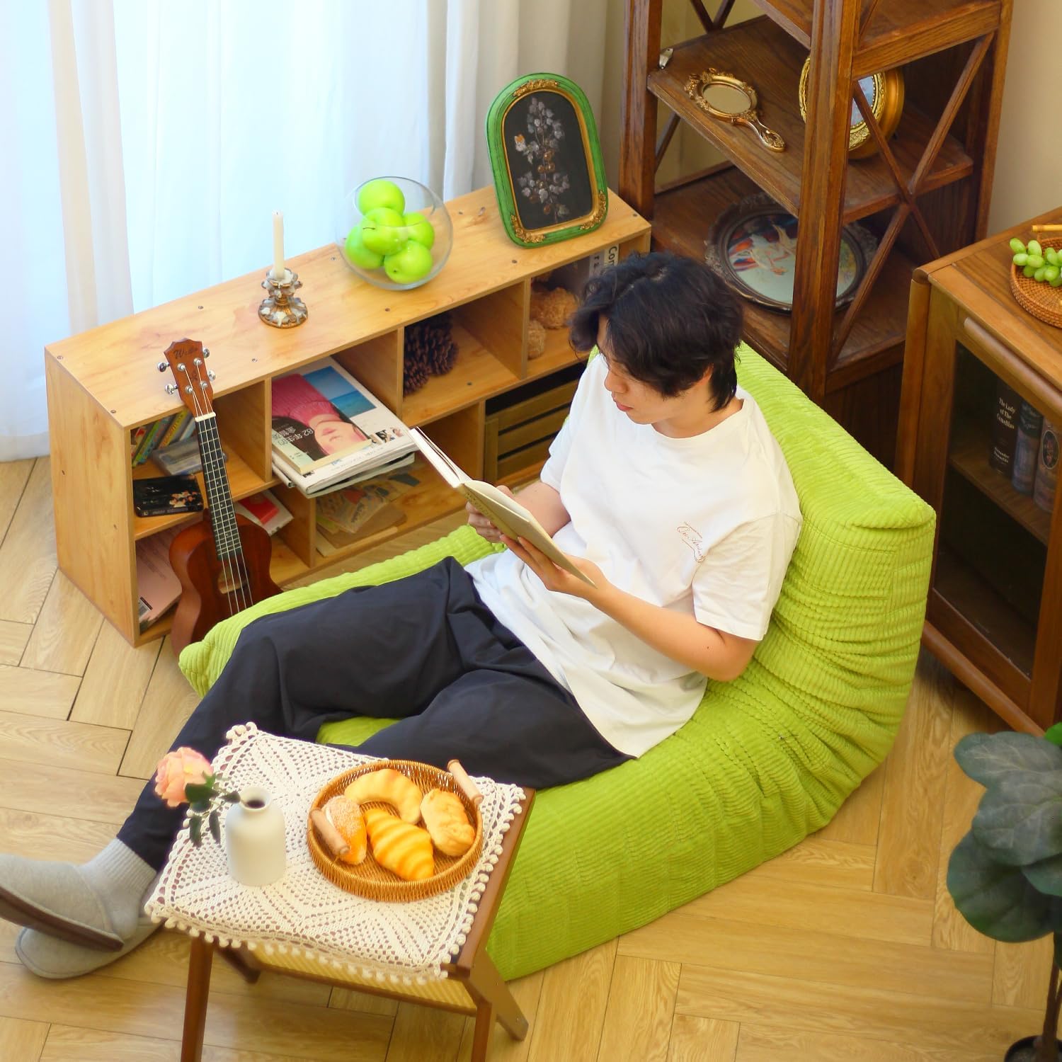 N&V Fireside Floor Sofa- Mid-Century Modern Armless Lounge Chair with Premium Soft Corduroy Fabric, Plush Foam Cushion Accent Chair for Living Room, Bedroom & Office (Green)