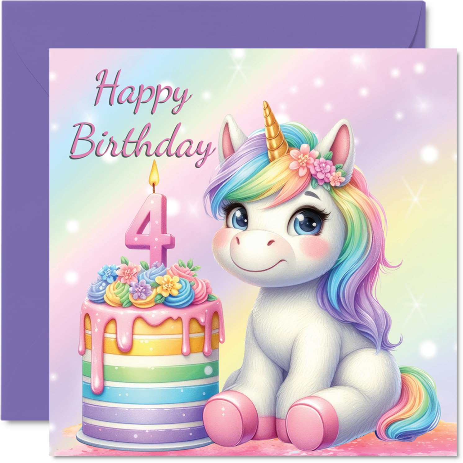 4th Birthday Cards for Girls, Unicorn Cake