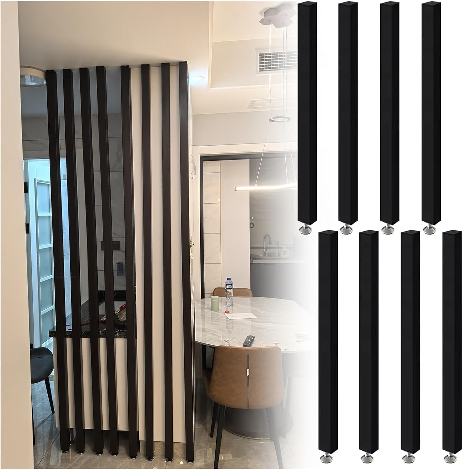 AVLLSO Partition Panel Screen Black Square Wooden Slat for Living Room Lobby Restaurant, No Drill Freestanding Room Divider, Easy Install for Indoor Decor(Black Pack of 8,240cm/94.4in/7.9ft)