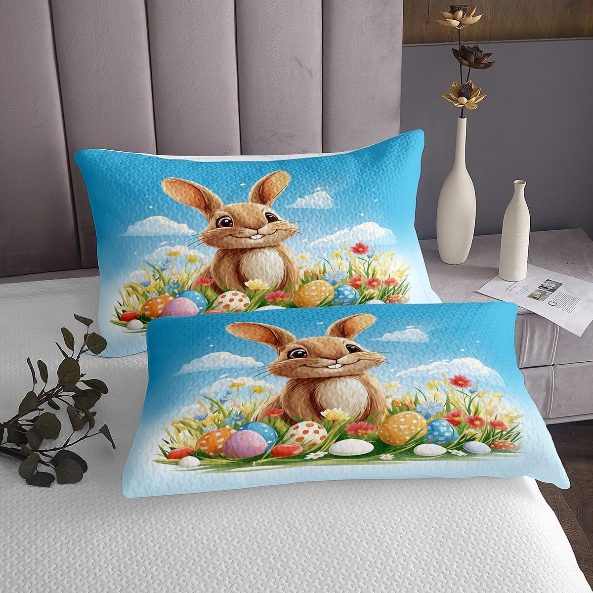 Easter Quilt Bedding Set King Easter Egg Funny Rabbit Coverlet Bedspread for Kids Kawaii Animal Spring Flowers Lightweight Bedding Bed Cover Blue Colorful Bedspread Set (1 Quilt+ 2 Pillowcase)