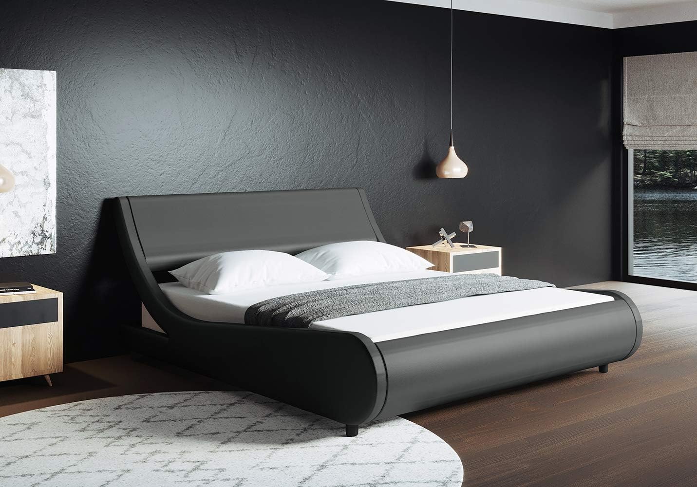 ZTOZZ Naples Wave Like Bed Frame Queen Size - Low Profile Modern Contemporary Curved Platform Bed with Faux Leather Upholstery - Light Gray Color