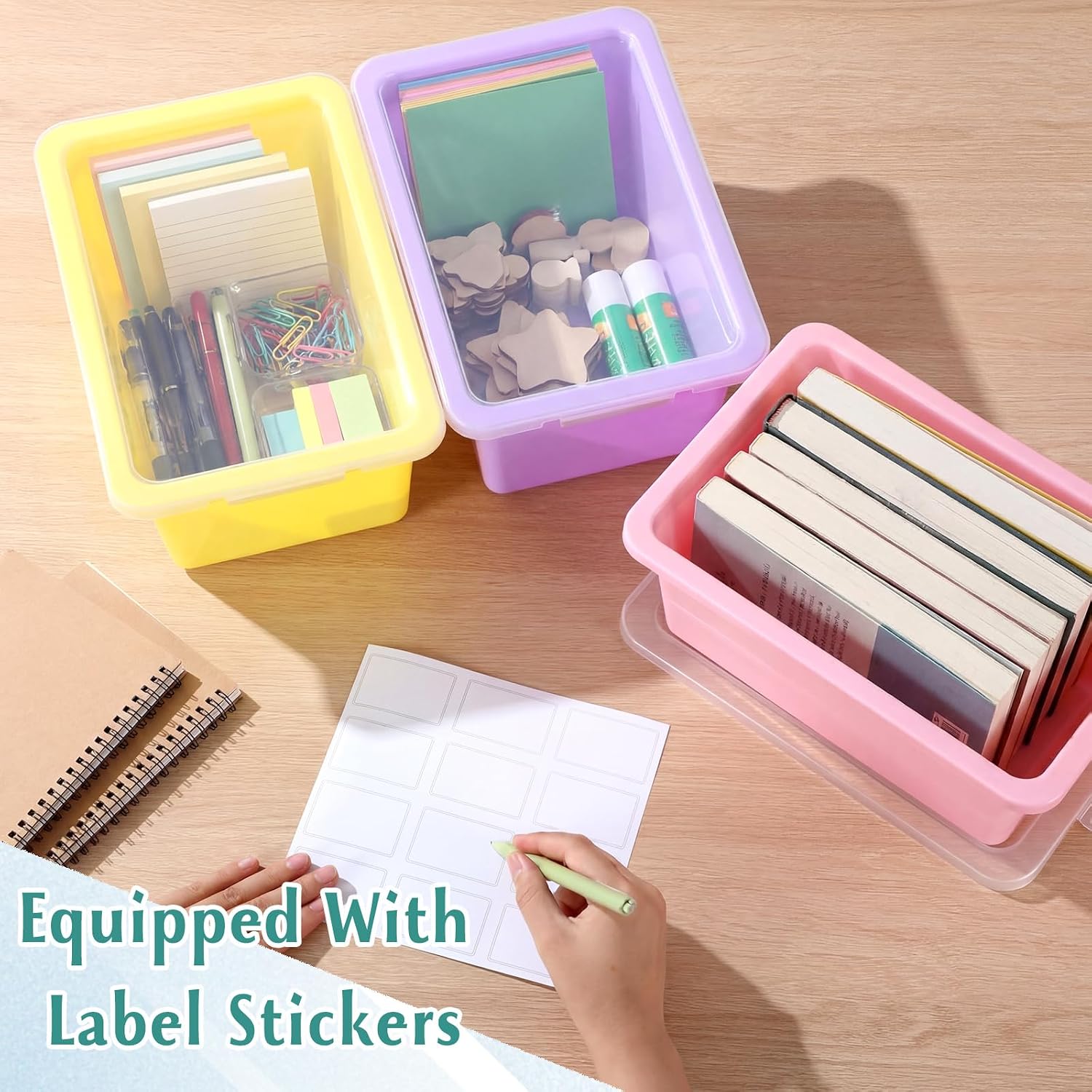 10 Pcs Cubby Bin with Clear Latching Lid Label Sticker Colored Plastic Stackable Book Storage Container for Classroom Office Home Sorting Arts Craft Desk Organizer(Macaron)