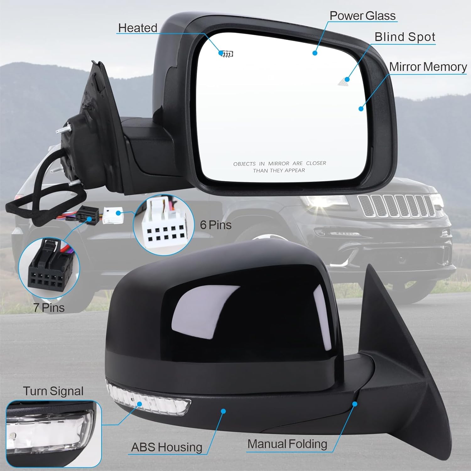 right passenger side mirror fits 2014-2021 jeep grand cherokee 2022 grand cherokee wk with manual folding heated turn signal mirror memory blind spot black replace#68236932ab(13pins) black r-13pins
