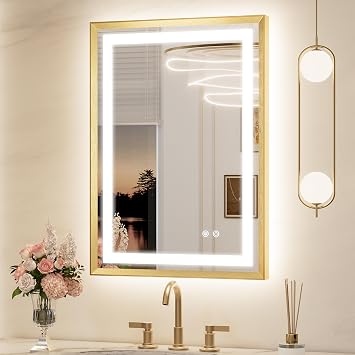 Keonjinn 22x30 Inch Gold LED Bathroom Mirror with Lights, Beveled Edge