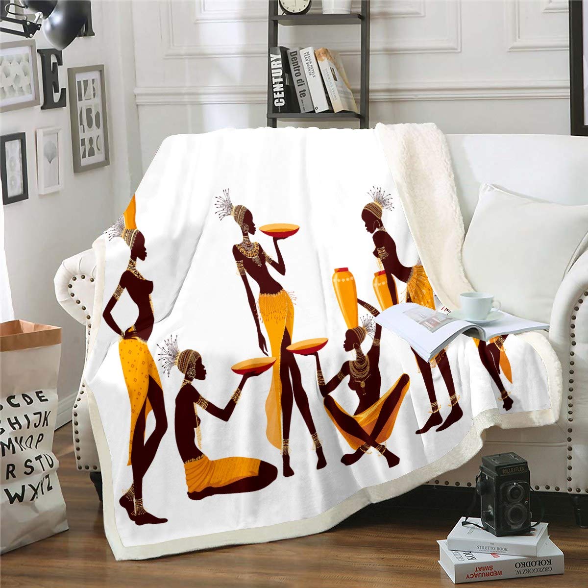 Loussiesd African Woman African Pattern Fleece Blankets for Bed Couch Travel Ethnic Afro Decor Plush Single Blanket Traditional Exotic Style Room Decor Double 60"x79"