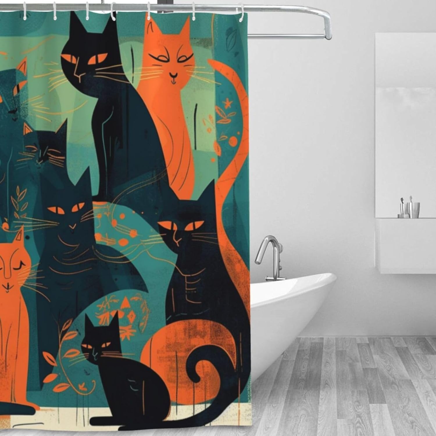 Abstract Cats Shower Curtain for Bathroom, Hippie Boho Shower Curtain Set, Fabric Modern Waterproof Bathroom Decor with 12 Hooks 72x72in A