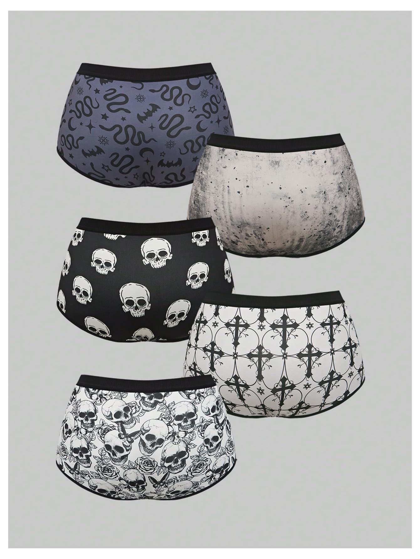 WDIRARA Women's 5 Pack Goth Graphic Panties Boyshorts Mid Rise Shorts Briefs Boxer: Small Multicolor