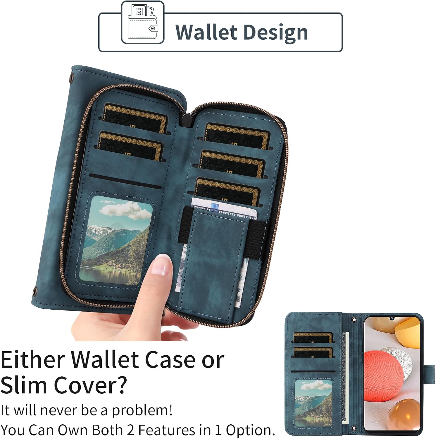 Phone Case for Samsung Galaxy A42 5G Wallet Cell Cover with Tempered Glass Screen Protector Crossbody Lanyard Strap Flip Stand Zipper Purse Card Holder Slot Cash A 42 G5 42A S42 4G 2021 Women Men Blue
