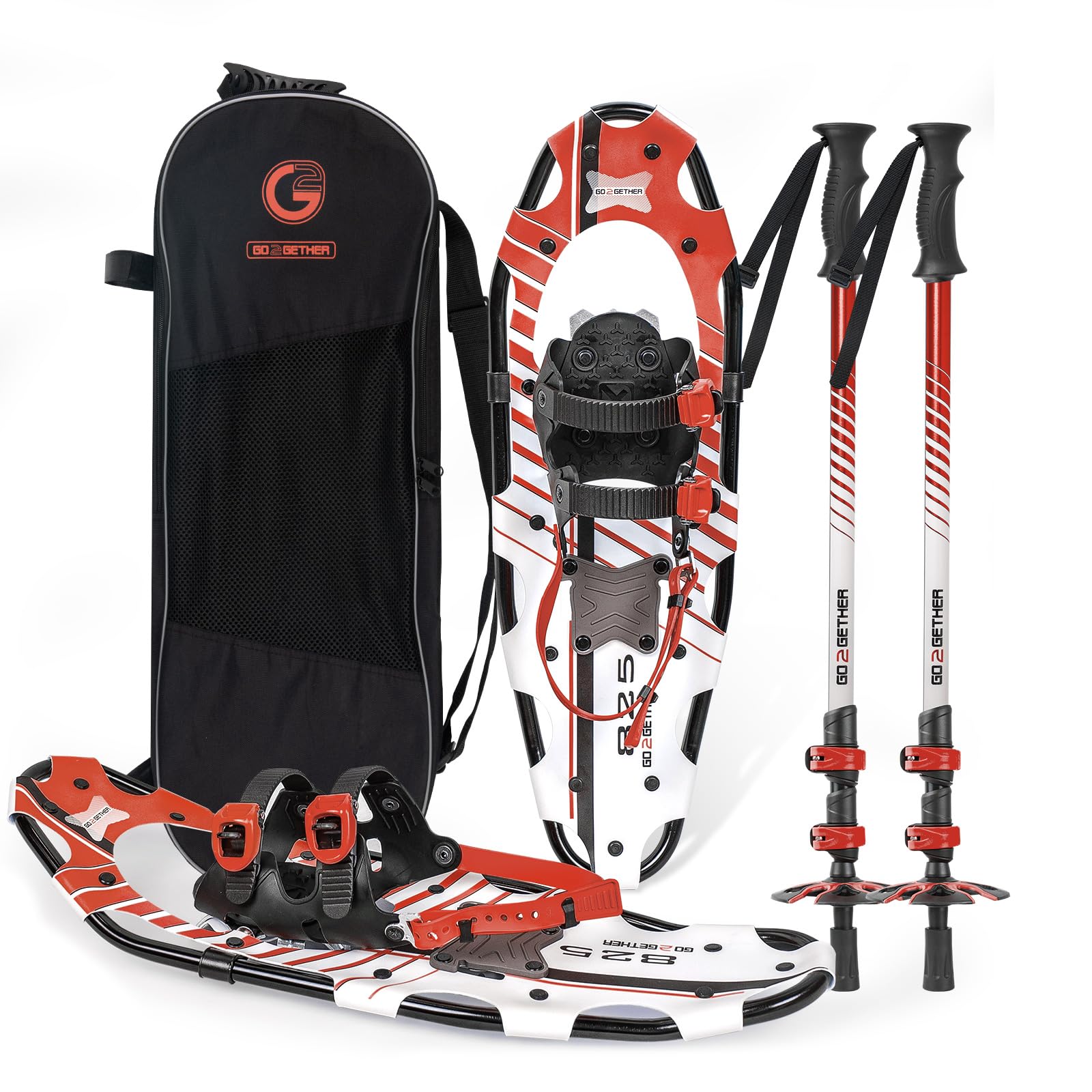 G2 leichte Schneeschuhe für Damen, Herren, Jugendliche, Set mit Trekkingstöcken, Tragetasche, Gamaschen, spezielle schnelle Ratschenbindung (Rot und Weiß), 53,3 cm