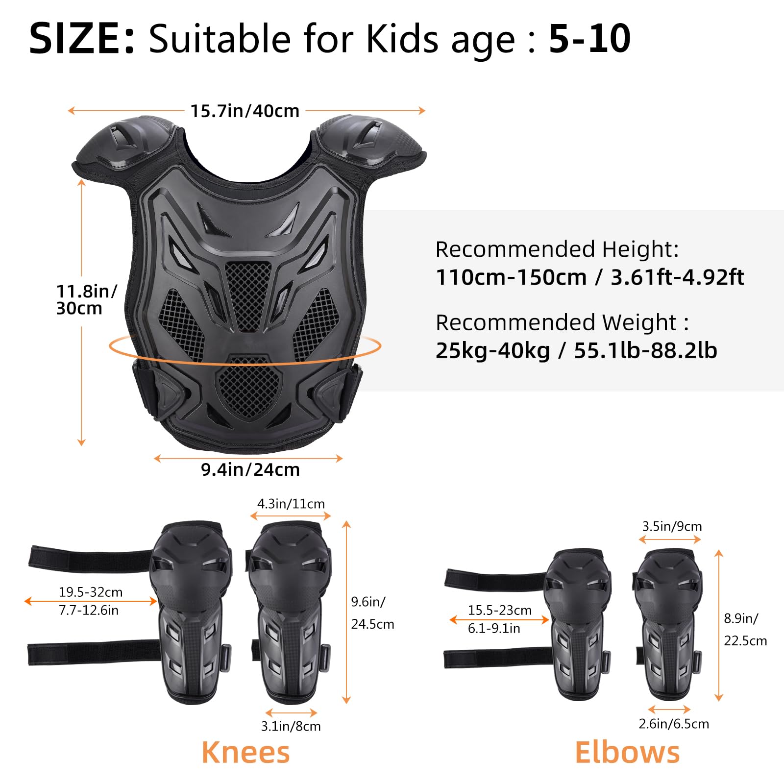 PELLOR Brustpanzer Kinder Motorradjacke Schutzweste mit Knieschoner Ellenbogenschoner, MTB Protektoren für 5-10 Jahre alt Kinder Protektorenjacke für Reiten Ski Snowboard Motocross Sport