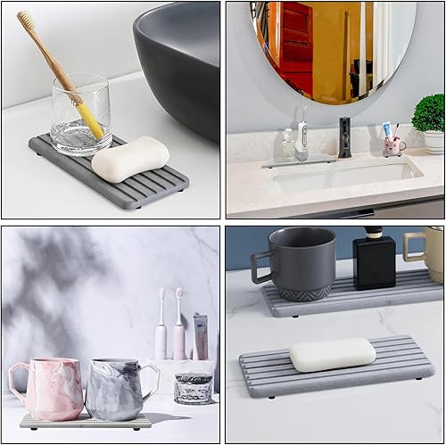 Miniatura 5 de Posavasos de diatomita absorbentes de agua, 2 piezas de 8.26 x 3.9 pulgadas, diseño ranurado de tierra de diatomeas, bandeja de piedra absorbente de