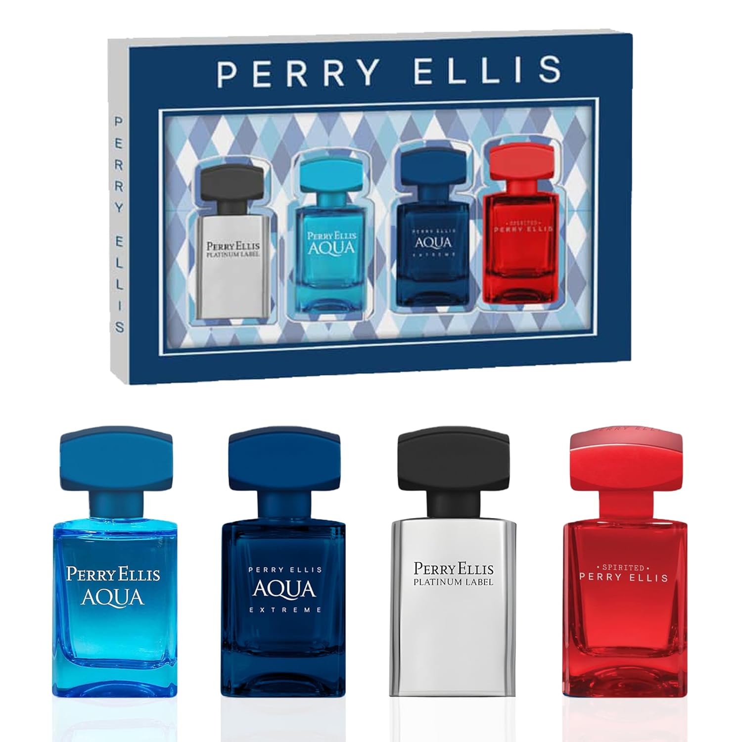 Perry Ellis Men's 4-Piece Mini Cologne Set for Men - Cologne Gift Sampler Set, EDT, Perfume Samples, Travel Size - Aqua, Aqua Extreme, Platinum, Spirited - 0.25 fl oz (Pack of 4)