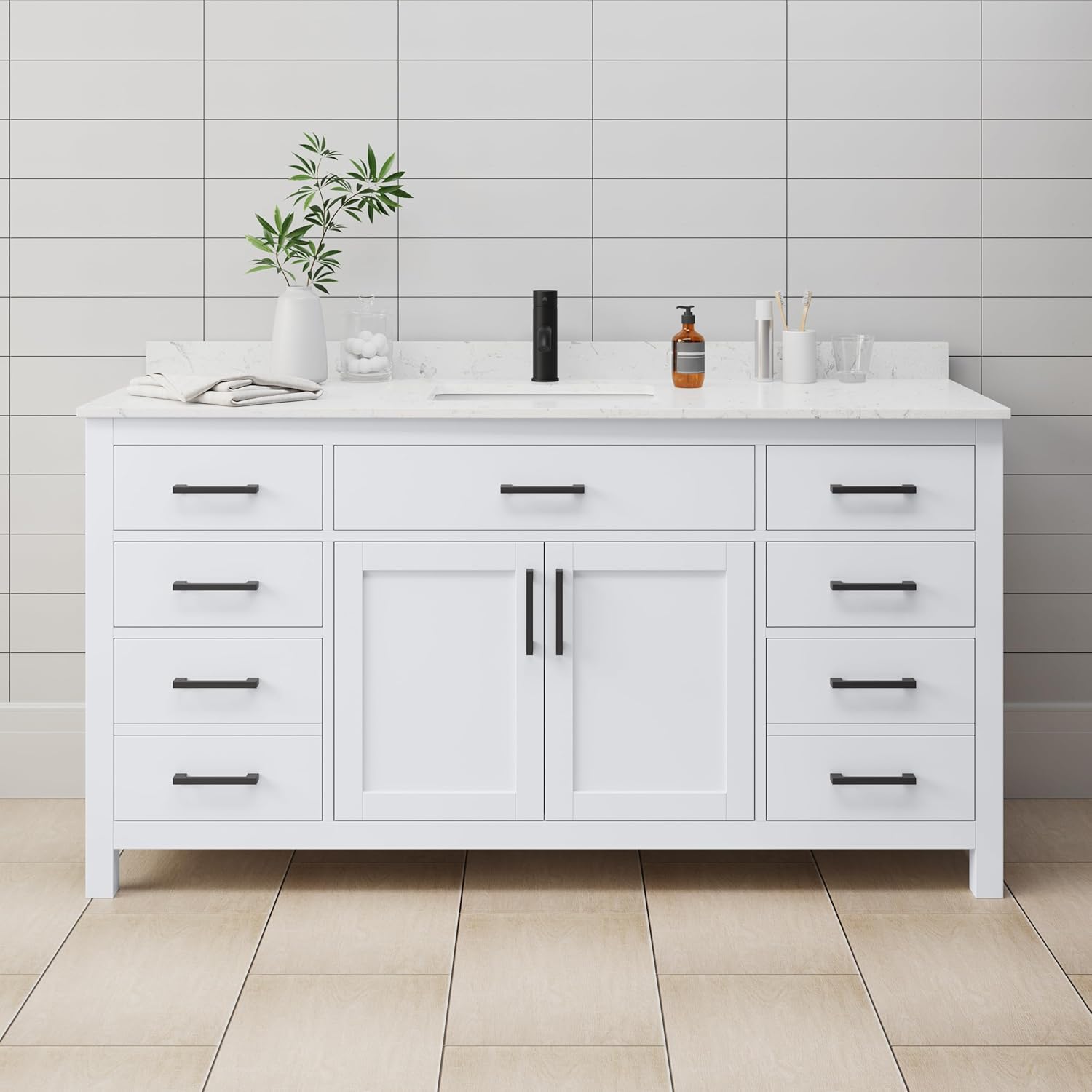 Beckett 66 Inch Single Bathroom Vanity in White, Carrara Cultured Marble Countertop, Undermount Square Sink, Matte Black Trim