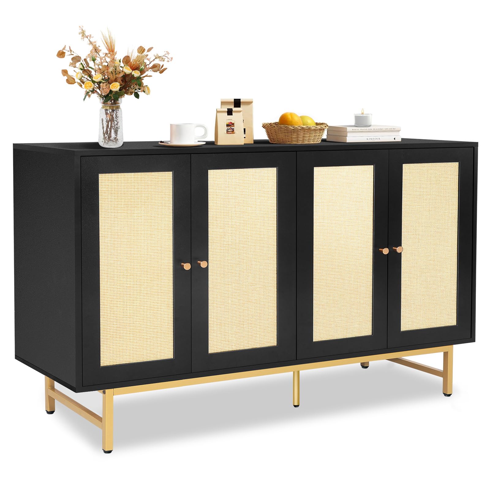 Sideboard Buffets Cabinet with 4 Rattan Doors, Large Storage Accent Cabinet Credenzas Modern Console Table for Living Room, Kitchen (Black)