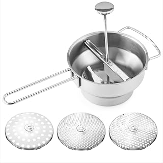 Navaris Passiergerät aus Edelstahl mit 3x Siebeinsatz - Passiermühle für Suppe Marmelade Baby Brei Saucen - 3 Stück Sieb Einsätze - Mühle Presse aus langlebigem Edelstahldesign