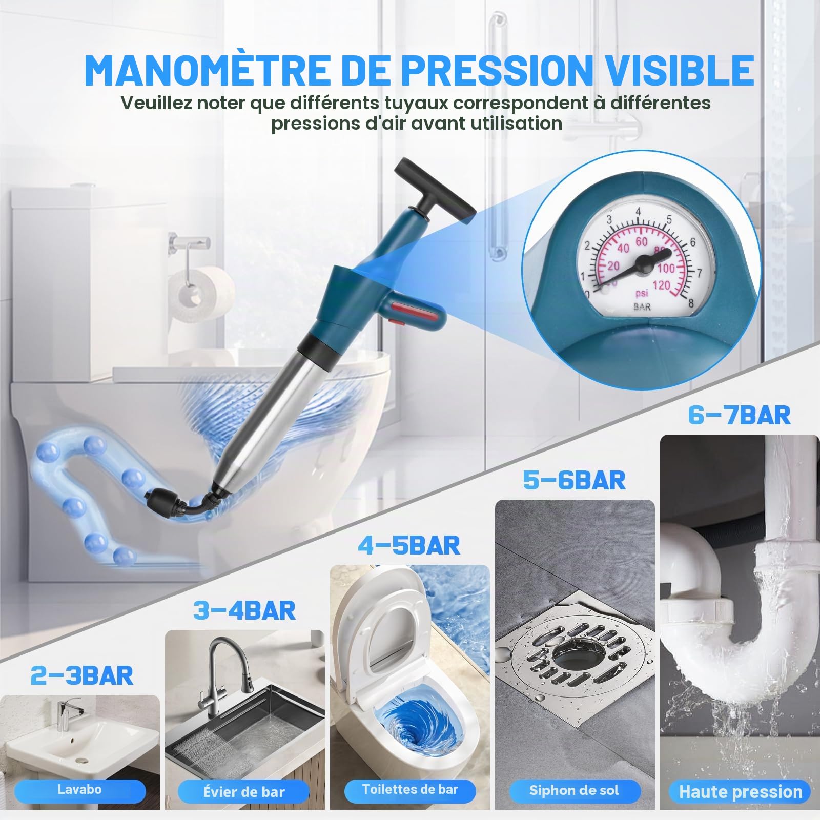 Déboucheur WC professionnel, Déboucheur de canalisations avec manomètre et pompe à air comprimé, 4 ventouses anti-éclaboussures avec crochet et spirale, pour toilettes, lavabos, baignoire, douche