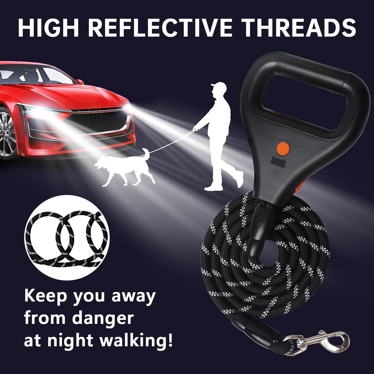Rrechargeable Heated Dog Leash, Highly Reflective Threads Leash Rope with Rechargeable Hand Warmer for Medium Large Dogs, 1/2 inch - M