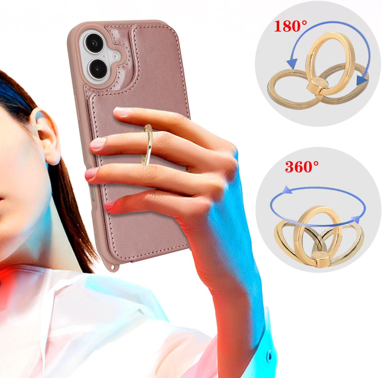 for iPhone 16 Case with Card Holder and Strap for Women,Crossbody Lanyard,Ring Stand,Snap Clasp,Cute Phone Wallet Cases 6.1 inch(Rose Gold) - Image 3