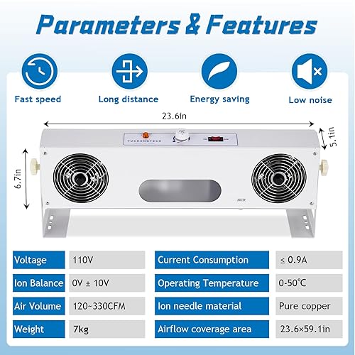 Miniatura 6 de YUCHENGTECH Soplador de aire ionizante ionizador antiestático eliminador estático soplador antiestático suspendido 110 V (2 ventiladores, con luz)