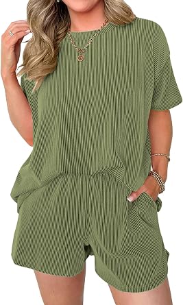 miduo Womens 2 Piece Sets Ribbed Textured Knit Casual Short Sleeve Shirts Shorts Two Piece Lounge Matching Set