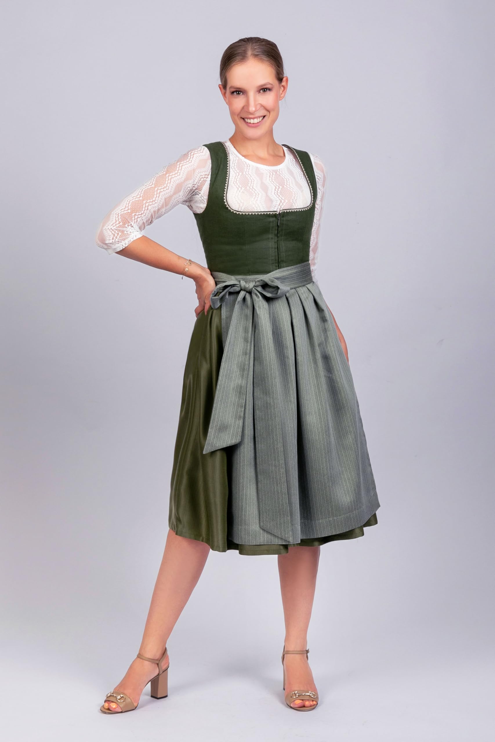 Edelnice Trachtenmode Midi Dirndl Anni aus Leinen Grün inkl. Dirndlschürze Gr. 32-54
