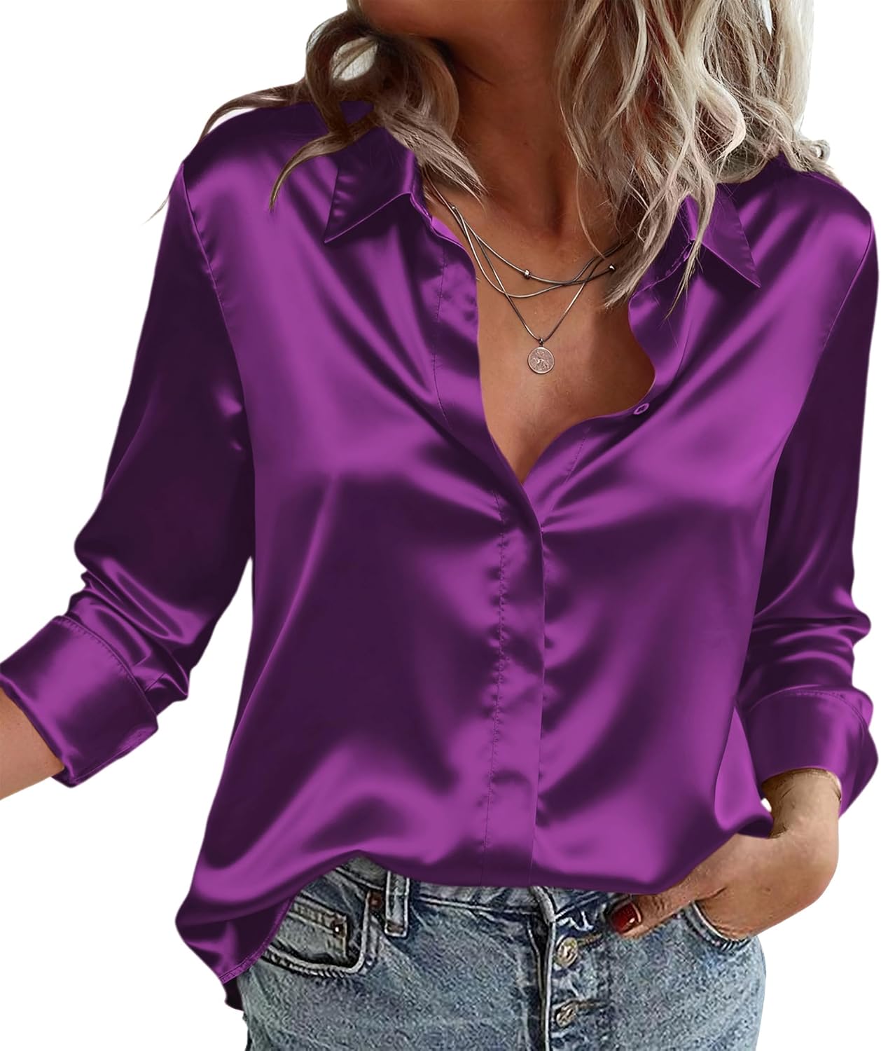 Zeagoo Satin Blouses for Women Casual Long Sleeve Button Down Silk Shirts Dressy Business Work Tunic Top