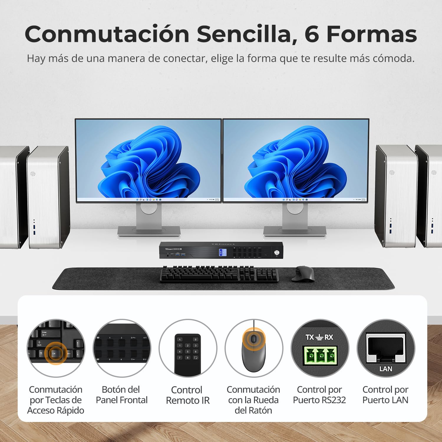 TESmart Commutateur KVM 8K@60Hz DisplayPort + HDMI 2 écrans 8 PC USB 3.0 KVM Switch double écran 4K@120Hz/144Hz émulation EDID, audio L/R, raccourcis clavier, compatible VRR ALLM FVA