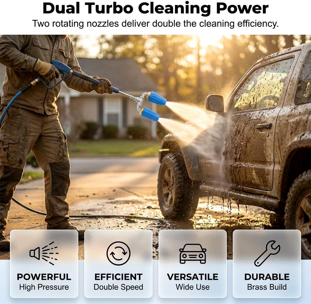 Triple Turbo Nozzle Pressure Washer, 2026 New 3-in-1 Turbo Nozzle, 360° Rotating 4000 PSI Twin/Triple Turbo Nozzle Pressure Washer, Portable 1/4" Quick Connect Nozzle (Blue, Dual Head)