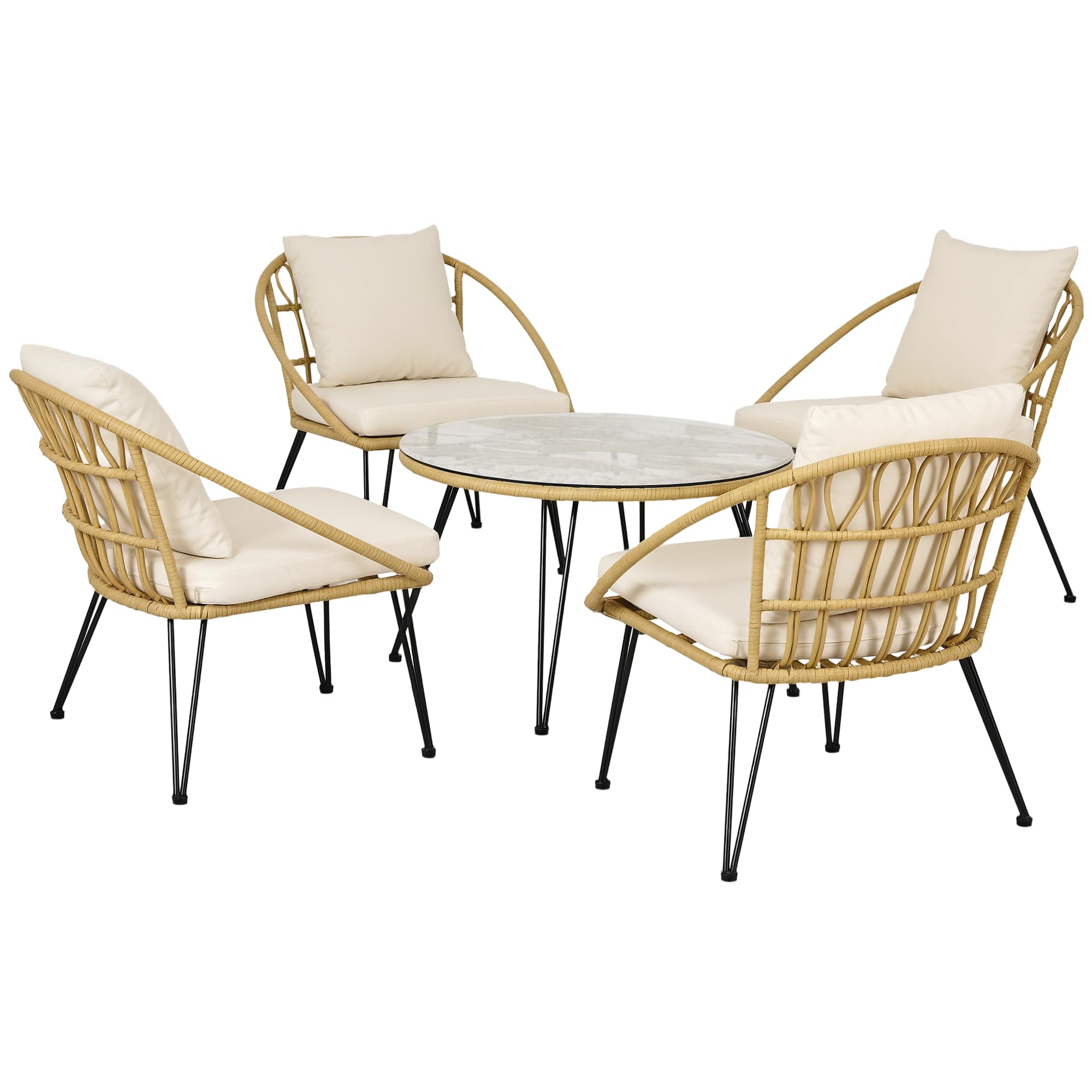 Outsunny Set da Giardino 5 Pezzi in Rattan, Set da Esterno con Tavolo Rotondo Ø82x50 cm e 4 Sedie 72x72x75 cm con Cuscini per Schienale e Seduta, Giallo Nero e Beige