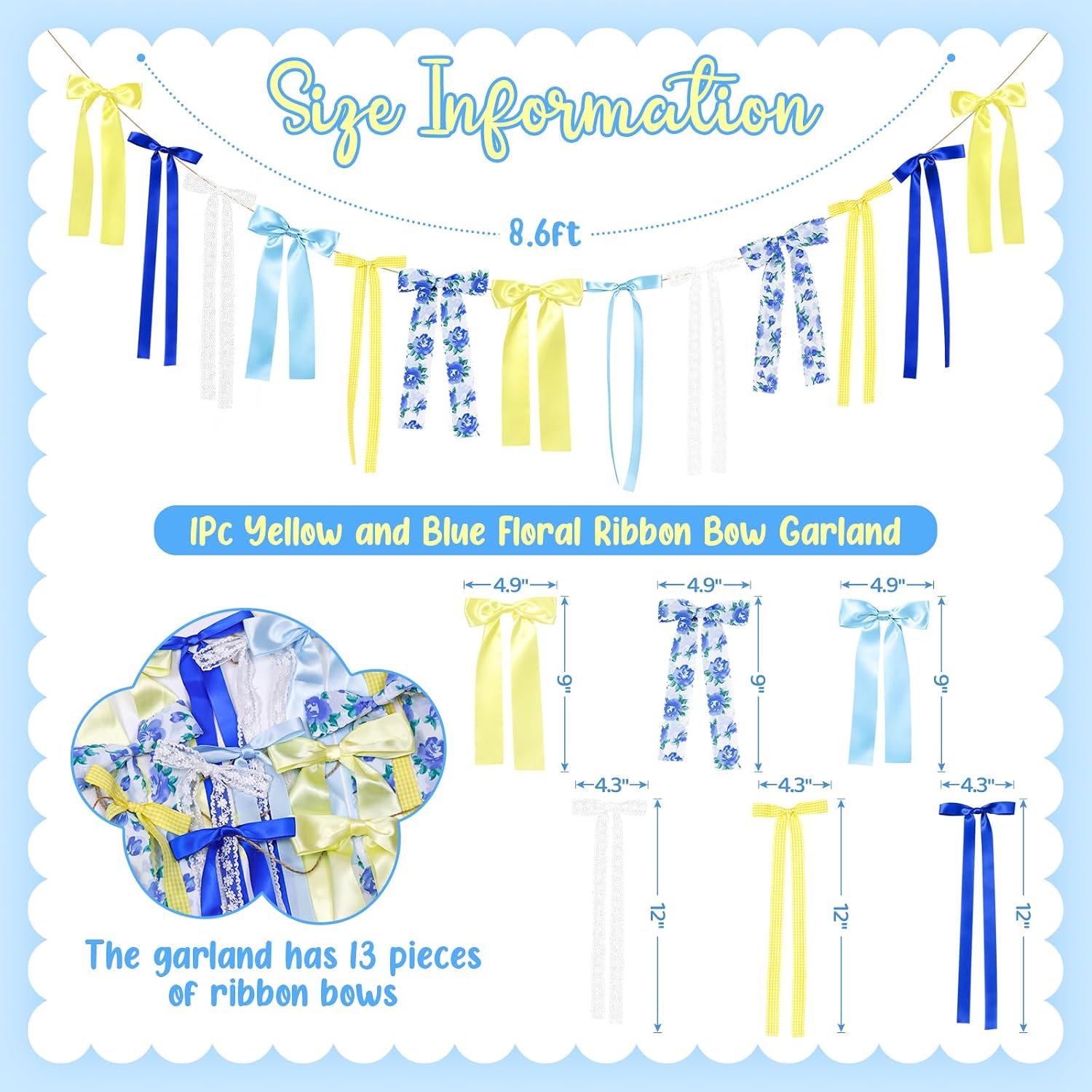 Blue Yellow Lemon Bow Garland, Yellow Gingham Ribbon Bow Banner Garland | Lace and Blue Flower Bows, Amalfi Coast Party Decor, Capri Lemon Birthday, Bridal Shower, Italian Summer Party Decorations