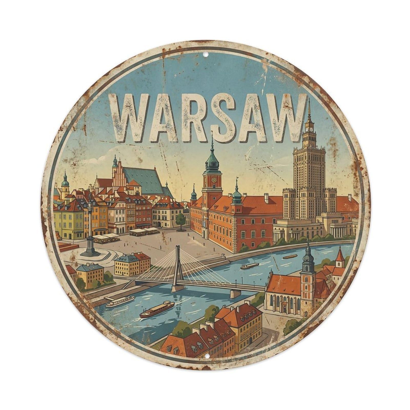 Vintage Travel Poland Warsaw Vintage Metal Tin Sign Plaque Wall Decor for Cafe, Club Bar, Office, Garden Metal Poster 8x8Inch