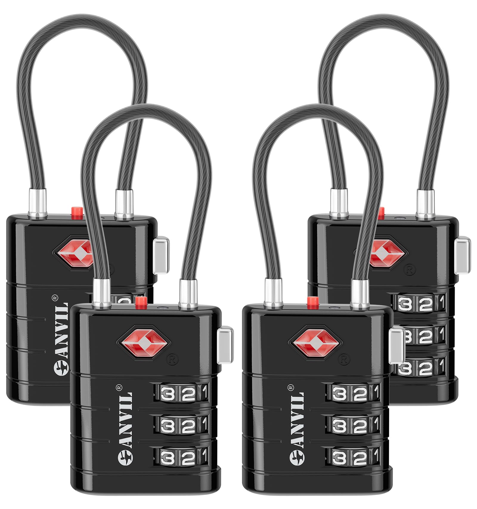 ANVIL TSA Approved Luggage Locks – High Security TSA008 Combination Travel Locks with Inspection Indicator for Suitcases and Backpacks. (4, Black)