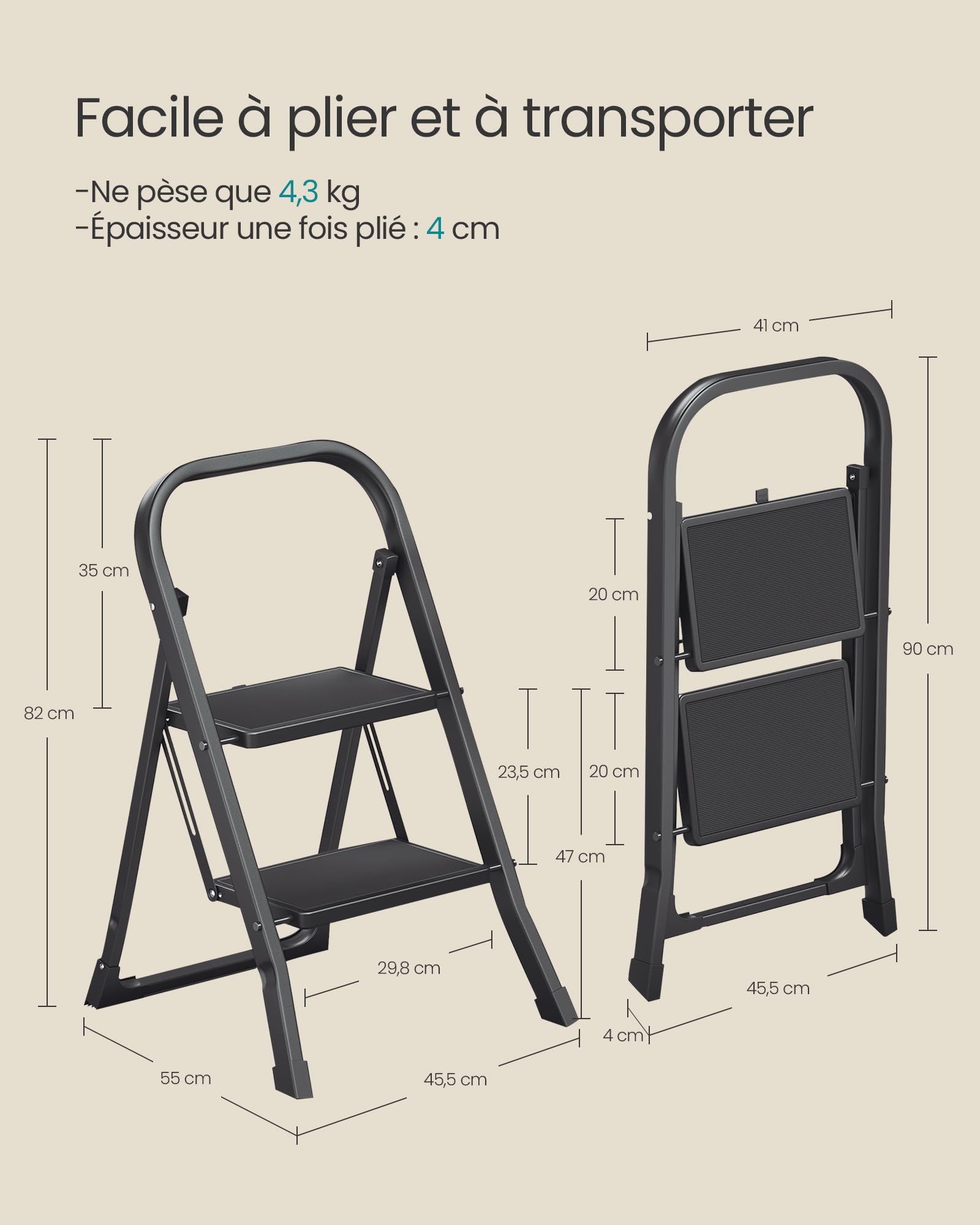 SONGMICS Marchepied 2 Marches Pliable, Escabeau, Verrou de Sécurité, Facile à Ranger, Charge 150 kg, Noir GSL012BZ01