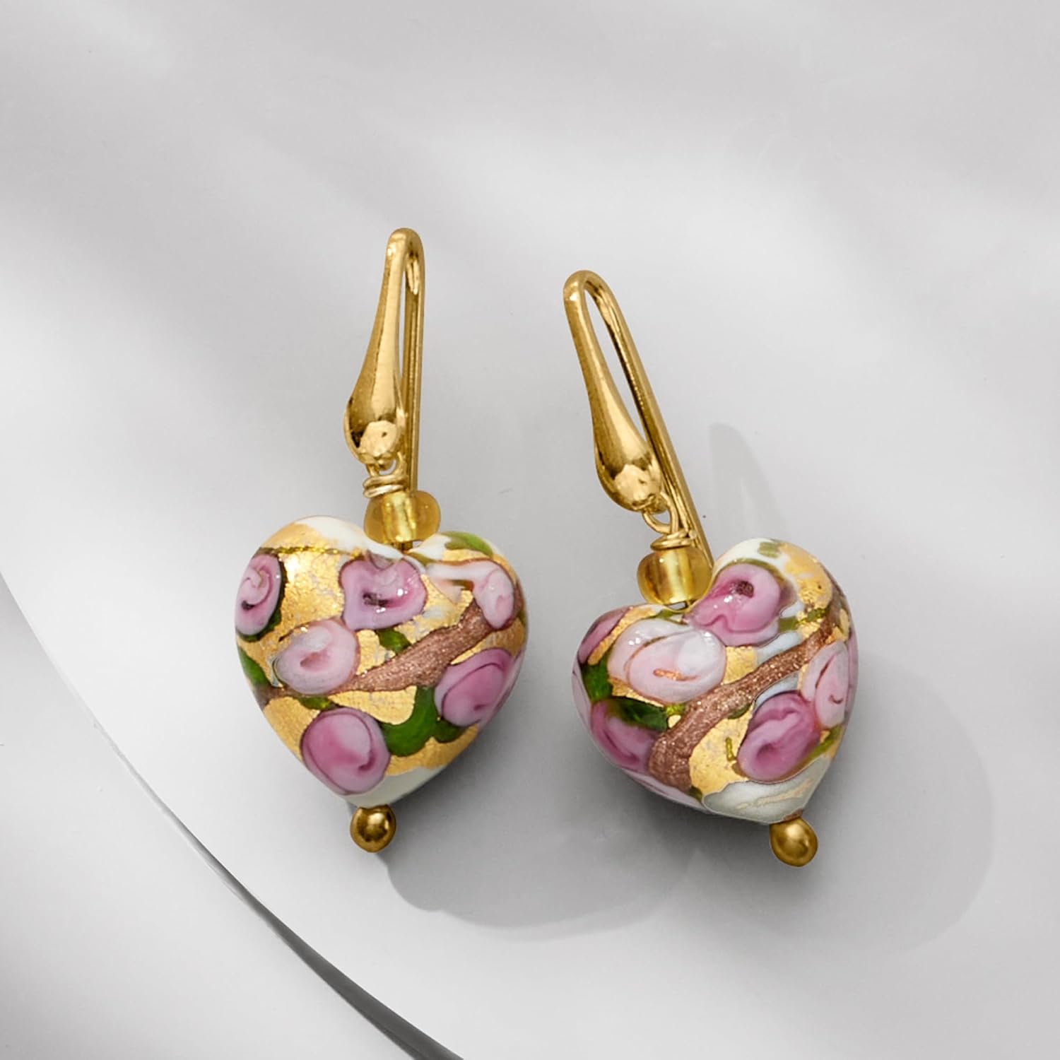 Ross-Simons Golden and Rose Murano Glass Heart Drop Earrings in 18kt Gold Over Sterling