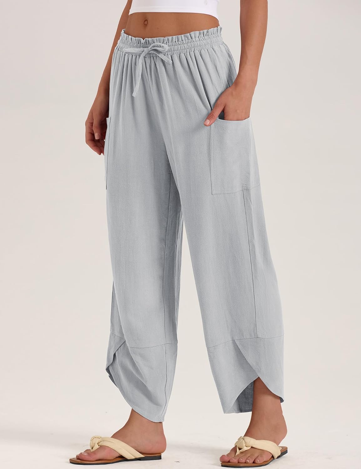 LOMON Women Linen Palazzo Pants Boho Wide Leg Elastic Waisted Casual Capri Pant Summer Harem Lounge with Pockets